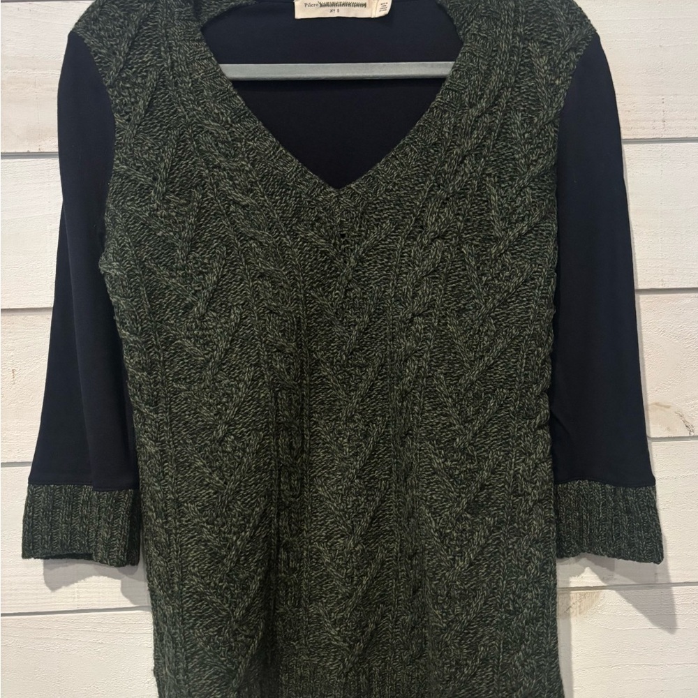 Pilcro and the Letterpress byAnthropology Green/Navy Cable Knit V-Neck Sweater - Picture 3 of 15
